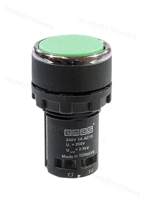 EMAS MB101DY, Кнопка нажимная моноблочная зелёная, 22мм, IP40, 1НО+1НО