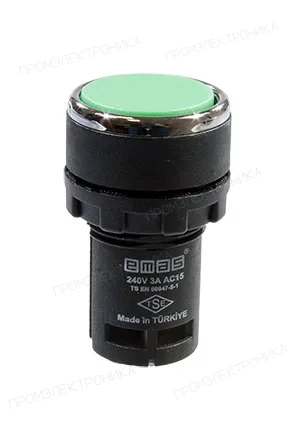 EMAS MB200DY, Кнопка нажимная моноблочная зелёная 22мм, IP40, 1НЗ