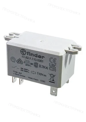 FINDER 66.82.9.110.0301, Силовое реле; монтаж ножевой 6,3мм 2NO 30A; катушка 110В DC;I; УХЛ4; монтажный фла