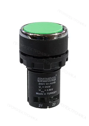 EMAS MB202DY, Кнопка нажимная моноблочная зелёная 22мм, IP40, 1НЗ+1НЗ
