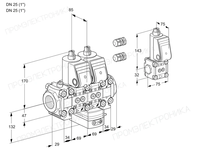 Kromschroder VCH 2E25R/25R05FNHEVWR3/PPPP/PPBS — двойной электромагнитный газовый клапан — 88103437