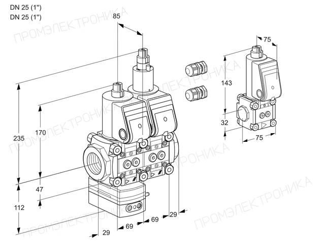 Kromschroder VCD 2E25R/25R05D-100LWR3/PPPP/PPZS — двойной электромагнитный газовый клапан — 88104452