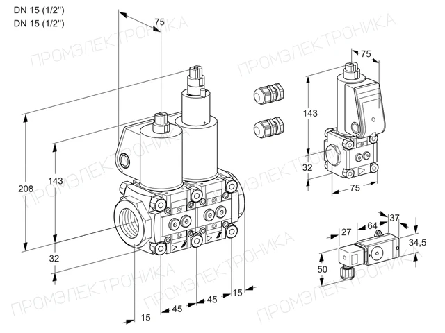 Kromschroder VCS 1E15R/15R05NLWL3/PPBS/PP-3 — двойной электромагнитный газовый клапан — 88101975