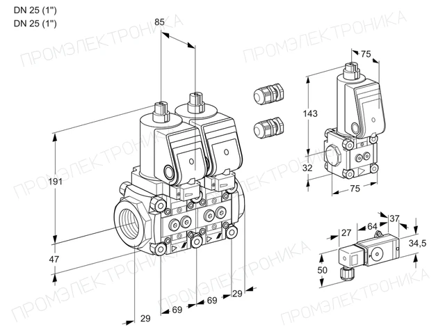 Kromschroder VCS 2E25R/25R05NNKSR3/3-PP/PPBS — двойной электромагнитный газовый клапан — 88105129