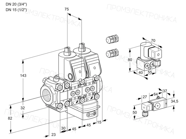 Kromschroder VCG 1E20R/15R05FNGEWR3/4-PP/2-BY — двойной электромагнитный газовый клапан — 88101027
