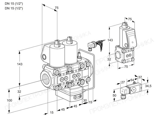 Kromschroder VCH 1E15R/15R05NHEVWL/PPZS/3--2 — двойной электромагнитный газовый клапан — 88101187