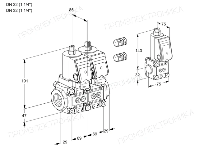 Kromschroder VCS 2E32R/32R05NNWGR3/PPPP/BSPP — двойной электромагнитный газовый клапан — 88105035