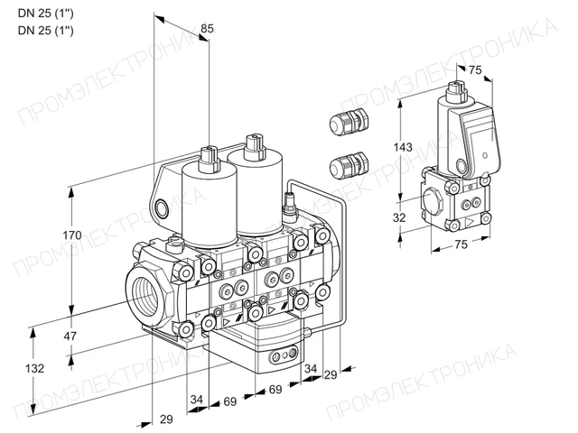 Kromschroder VCH 2E25R/25R05FNHEVWL3/PPBS/PPPP — двойной электромагнитный газовый клапан — 88103655