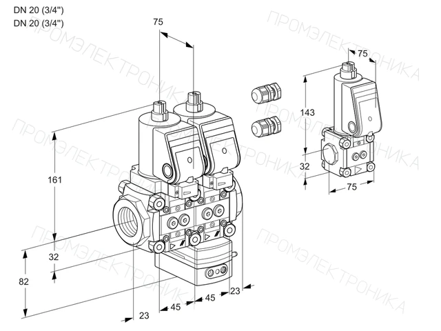 Kromschroder VCG 1E20R/20R05NGEWGR3/PPPP/PPZS — двойной электромагнитный газовый клапан — 88107139