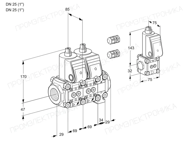 Kromschroder VCS 2E25R/25R05NNVWR3/PPPP/PPBS — двойной электромагнитный газовый клапан — 88107505