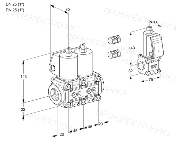 Kromschroder VCS 1E25R/25R05NNWL3/BSPP/PPPP — двойной электромагнитный газовый клапан — 88103871
