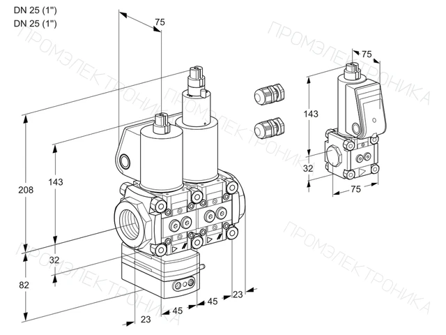 Kromschroder VCD 1E25R/25R05D-100LWL3/PPZS/PPPP — двойной электромагнитный газовый клапан — 88104451