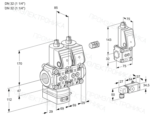 Kromschroder VCD 2E32R/32R05D-25NWR/2--3/PPZS — двойной электромагнитный газовый клапан — 88105616