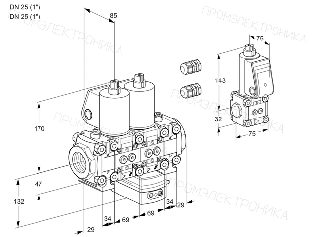 Kromschroder VCH 2E25R/25R05FNHEVWL3/PPBS/PPPP — двойной электромагнитный газовый клапан — 88103654