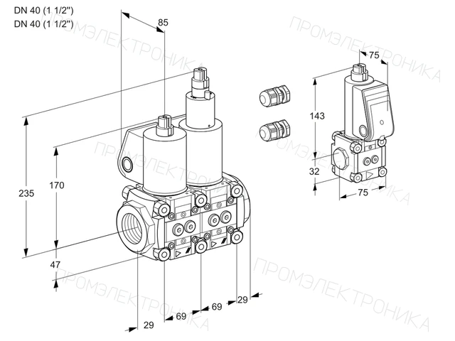 Kromschroder VCS 2E40R/40R05NLWL3/PPBS/PPPP — двойной электромагнитный газовый клапан — 88103444