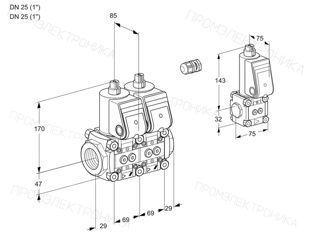 Kromschroder VCS 2E25R/25R05NNWR/PPPP/PPBS — двойной электромагнитный газовый клапан — 88106916