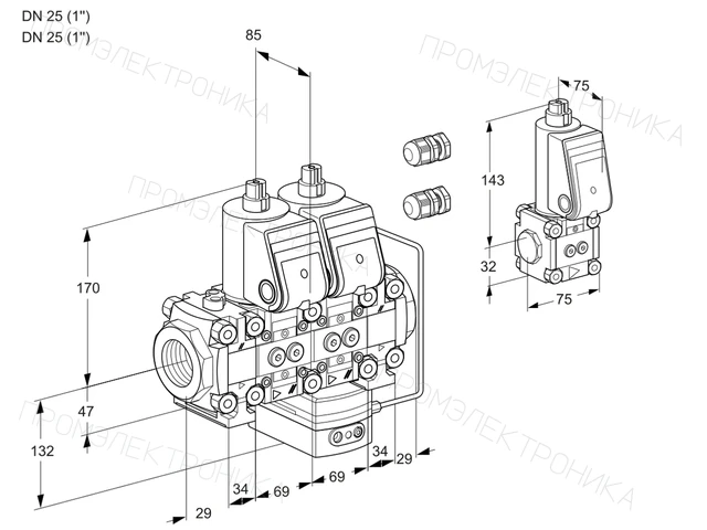 Kromschroder VCH 2E25R/25R05FNHEVWR3/PPPP/PPBS — двойной электромагнитный газовый клапан — 88103164