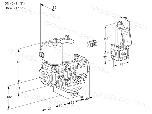 Kromschroder VCH 2E40R/40R05NHEVWL3/BSPP/PPPP — двойной электромагнитный газовый клапан — 88104235