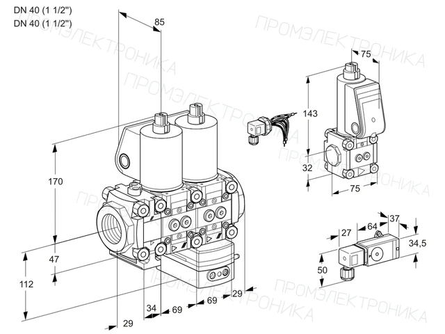 Kromschroder VCD 2E40R/40R05FND-25QL/BSPP/3-PP — двойной электромагнитный газовый клапан — 88105100