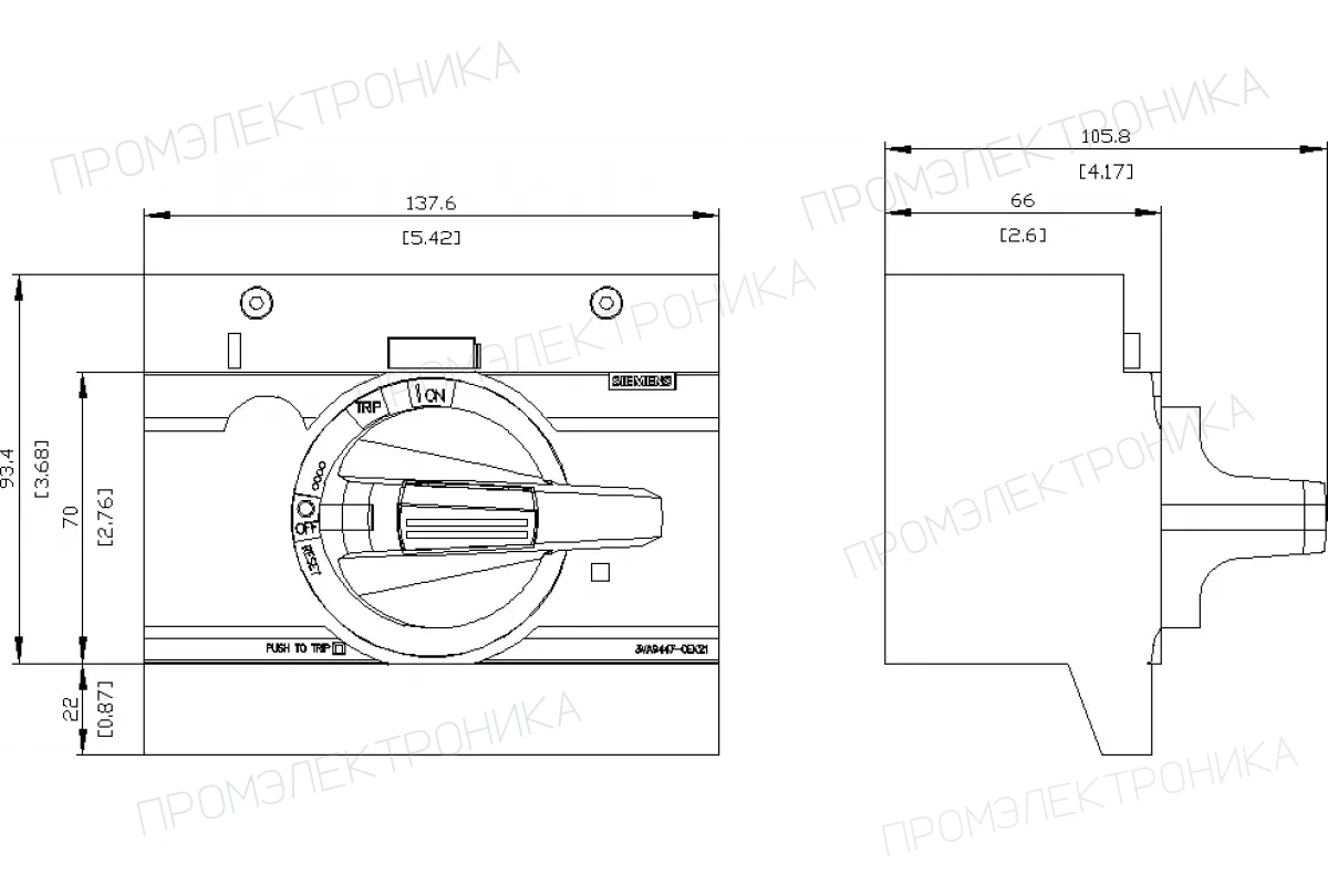Siemens 3VA9447-0EK17 — Фронтальный поворотный привод для аварийного отключения мэк