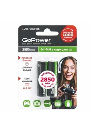 GoPower Аккумулятор бытовой HR6 AA BL2 NI-MH 2850мАч