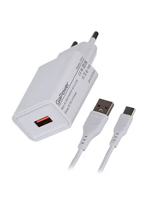 GoPower GP1U 1USB 2.4A 12W, сетевое зарядное устройство с кабелем Type-C белый