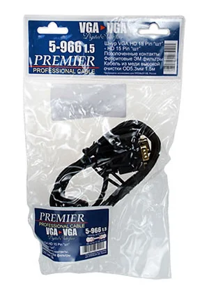Китай 5-966 L=1.50М, 5-966, Шнур VGA HD 15pin "шт"-HD 15pin "шт",D=8.2мм с ферр., L=1.50м