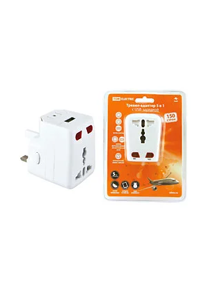 TDM electric SQ1806-0044, Тревел-адаптер 100-250В 3A (5 в 1) c USB-зарядкой 1000мА белый