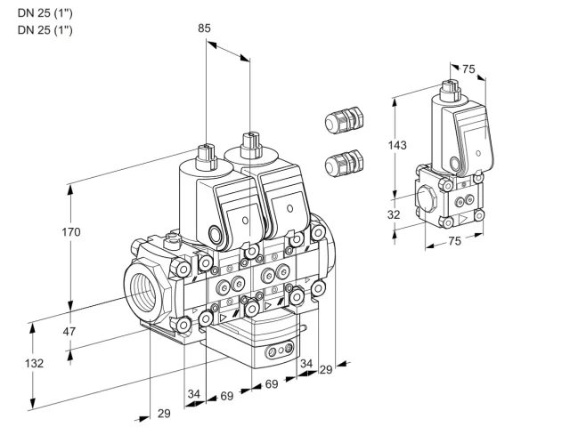 Kromschroder VCH 2E25R/25R05FNHEVWR3/PPPP/PPBS — двойной электромагнитный газовый клапан — 88103437