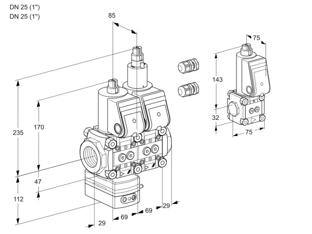 Kromschroder VCD 2E25R/25R05D-100LWR3/PPPP/PPZS — двойной электромагнитный газовый клапан — 88104447