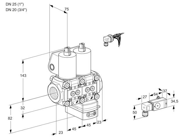 Kromschroder VCD 1E25R/20R05ND-25WL/PP2-/2--3 — двойной электромагнитный газовый клапан — 88107620