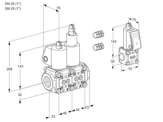 Kromschroder VCS 1E25R/25R05NLWL3/PPBS/PPPP — двойной электромагнитный газовый клапан — 88104008