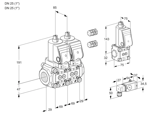 Kromschroder VCS 2E25R/25R05NNKSR3/3-PP/PPBS — двойной электромагнитный газовый клапан — 88105129