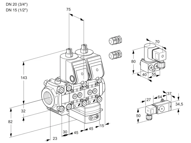 Kromschroder VCG 1E20R/15R05FNGEWR3/4-PP/2-BY — двойной электромагнитный газовый клапан — 88101027