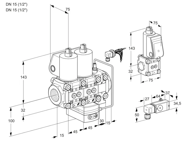 Kromschroder VCH 1E15R/15R05NHEVWL/PPZS/3--2 — двойной электромагнитный газовый клапан — 88104116