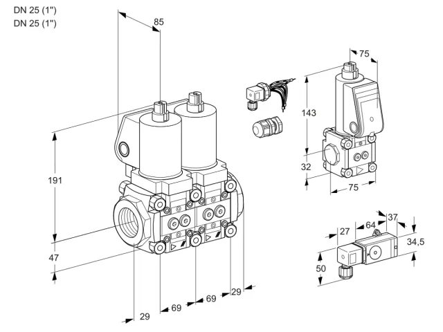 Kromschroder VCS 2E25R/25R05NNKSL3/3-BS/PPPP — двойной электромагнитный газовый клапан — 88104788