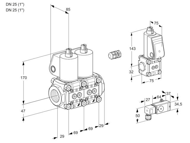 Kromschroder VCS 2E25R/25R05NNKL/3-BS/PPPP — двойной электромагнитный газовый клапан — 88103150