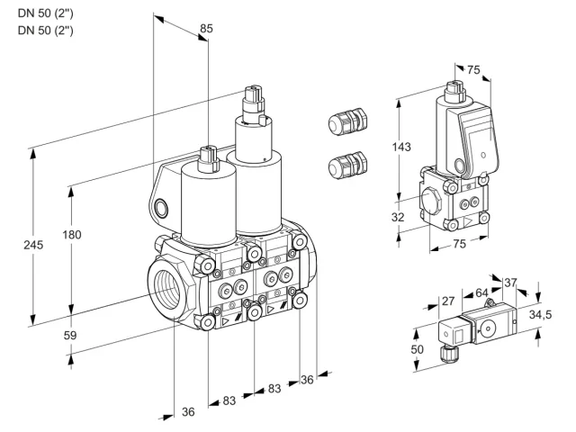 Kromschroder VCS 3E50R/50R05NLWL3/PPZS/-3PP — двойной электромагнитный газовый клапан — 88104006