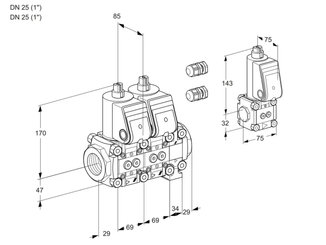 Kromschroder VCS 2E25R/25R05NNVWR3/PPPP/PPBS — двойной электромагнитный газовый клапан — 88107505