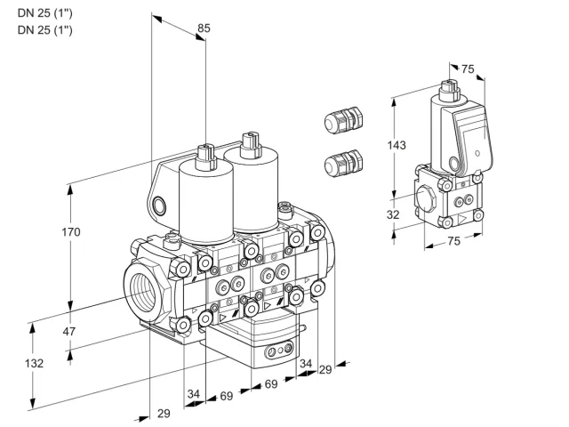 Kromschroder VCH 2E25R/25R05FNHEVWL3/PPBS/PPPP — двойной электромагнитный газовый клапан — 88103654