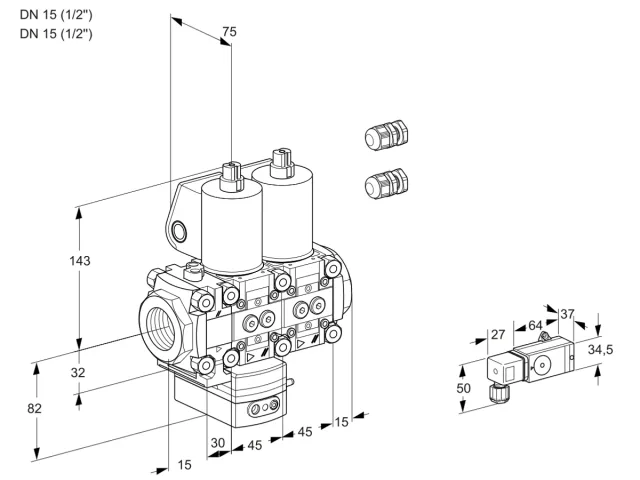 Kromschroder VCD 1E15R/15R05FD-25NWL3/PPPP/2-PP — двойной электромагнитный газовый клапан — 88106611