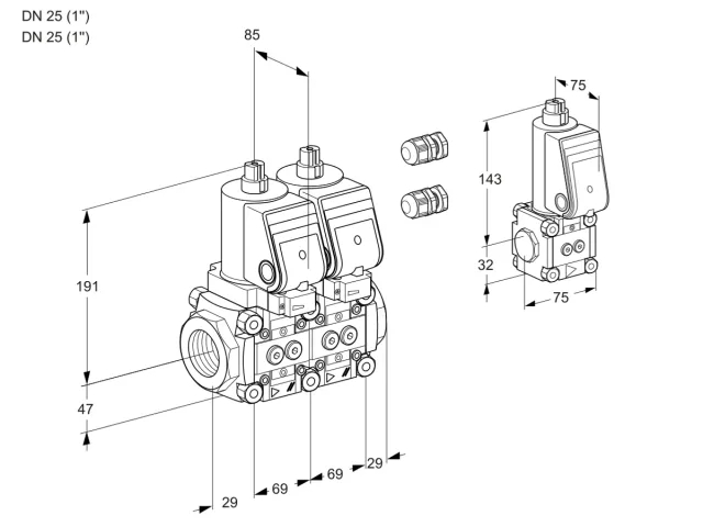 Kromschroder VCS 2E25R/25R05NNWGR3/PPPP/PPZS — двойной электромагнитный газовый клапан — 88100123