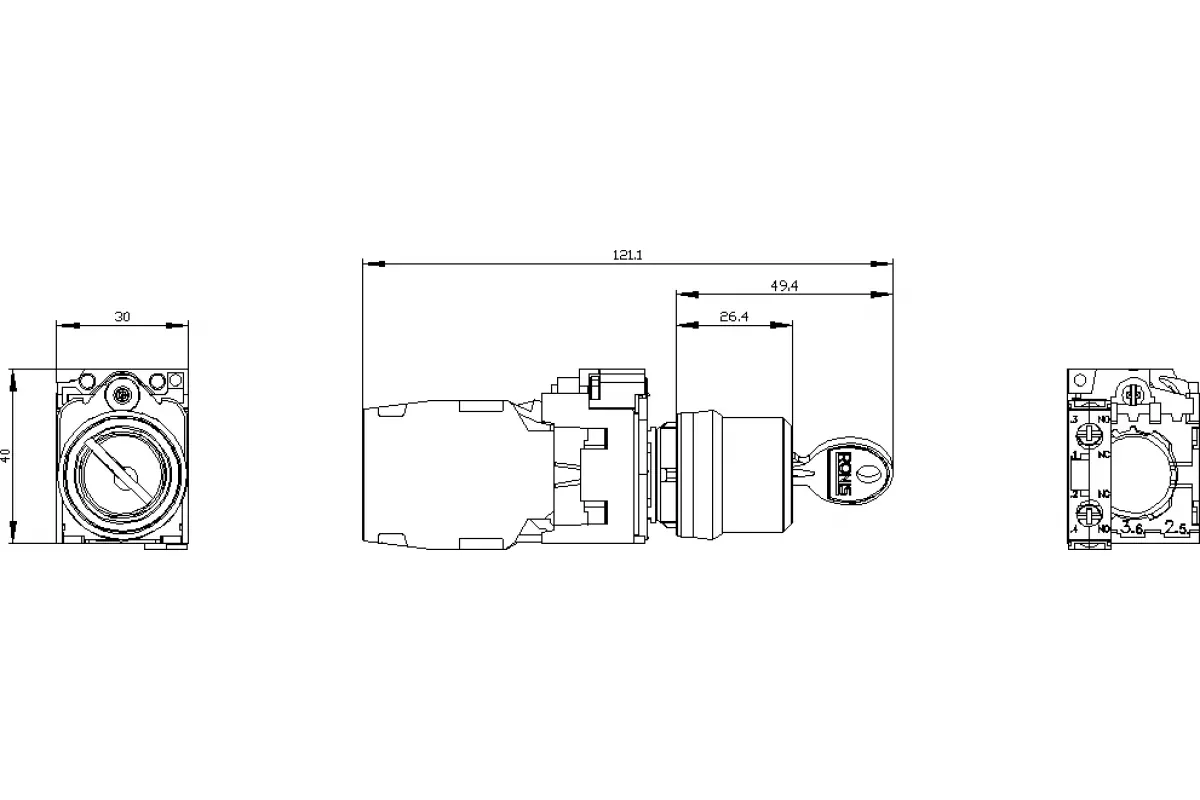 Siemens 3SU1130-4BF11-1BA0 — Поворотный переключатель с ключом ronis