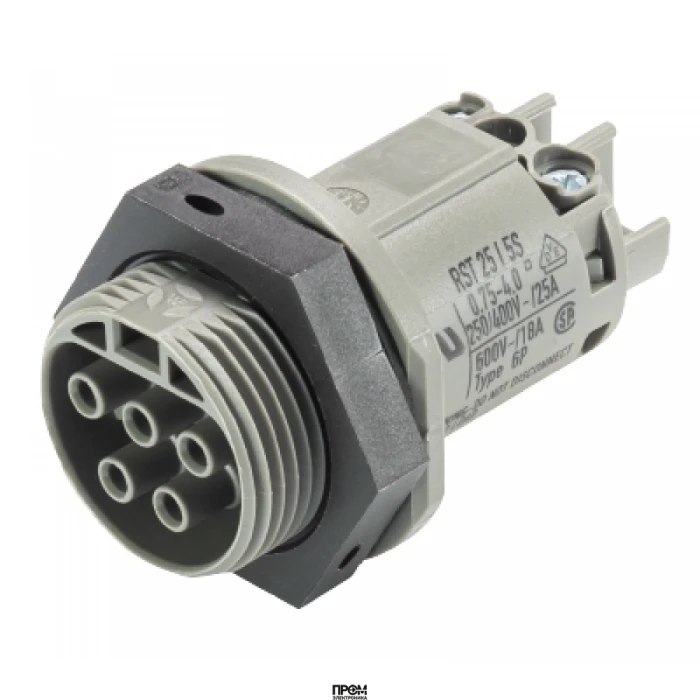 Разъем RST25i5 96.051.5054.3, Розеточный разъем в панель, М25, IP68(69k), 5 полюсов, винтовая фиксация провода, номинальные характеристики: 250V+РЕ, 25A, цвет контактной вставки: серый, цвет корпуса: черный, серия RST Classic