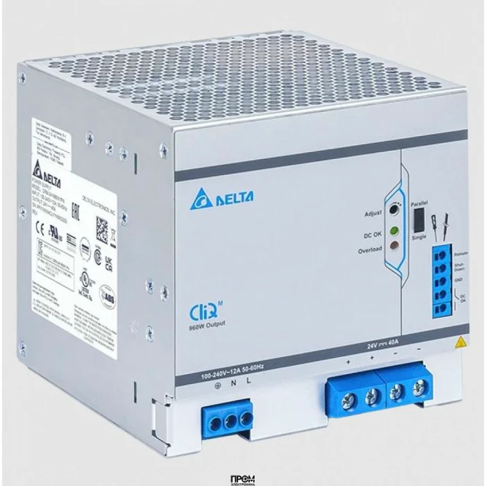 DRM-24V960W1PN, Источник питания, однофазный, 24VDC / 40A, 960W, диапазон входных напряжений: 85 - 276VAC, габариты (мм): 124x125x133.6, вес 2,87 кг, монтаж: на DIN рейку
