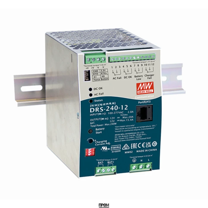 DRS-240-12, AC-DC с функцией UPS, 240Вт, выход 12В/20A, вход 90…305В АС/127…431В DC, максимальный зарядный ток 15.4А, MODBus, изоляция 3000В АС, в корпусе 85.5х125.2х129.2мм, -30...+70°С