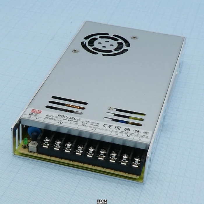 RSP-320-5, AC-DC, 300Вт, ККМ, вход 88…264V AC, 47…63Гц /124…370В DC, выход 5В/60A, рег. вых 4.5…5.5В, изоляция 3000В AC, в корпусе 215х115х30мм, -30…+70°С
