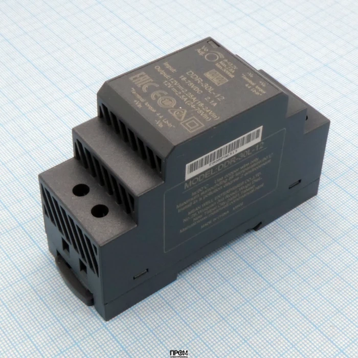 DDR-30L-12, DC-DC, 30Вт, вход 18…75 В DC, выход 12В/2.5А, изоляция 4000В DC, в кожухе на DIN-рейку, 35х90х54.5мм, -40...+85°С