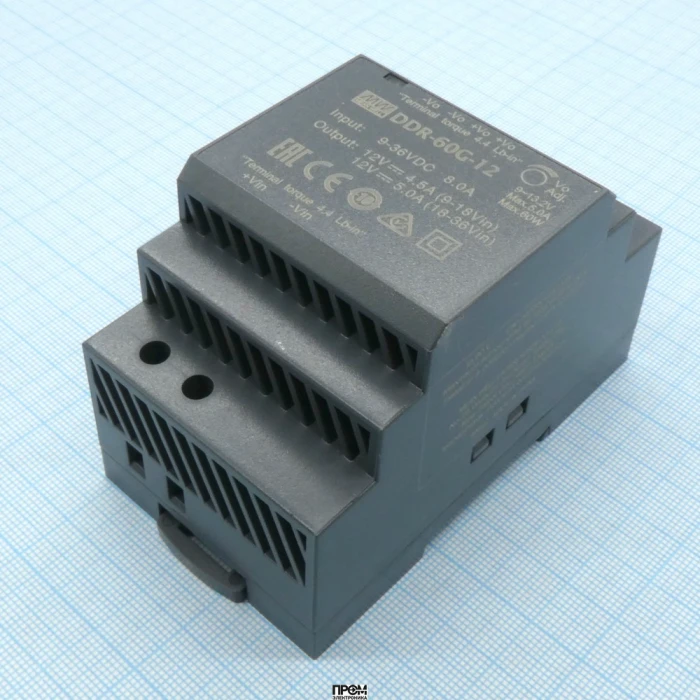 DDR-60G-12, DC-DC, 60Вт, вход 9…36 В DC, выход 12В/5А, изоляция 4000В DC, в кожухе на DIN-рейку, 52.5х90х54.5мм, -40...+85°С
