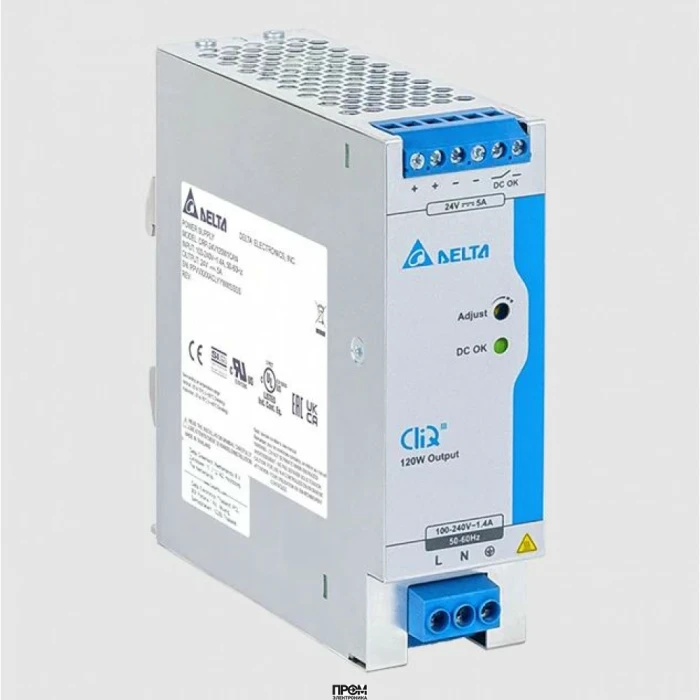 DRP-24V120W1CBN, Источник питания, однофазный, 24VDC / 5A, 120W, диапазон входных напряжений: 100-240VAC, габариты (мм): 124x40x117, вес 0,58 кг, монтаж: на DIN рейку